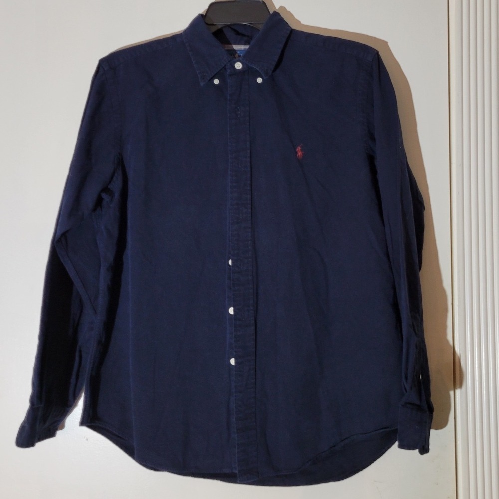 VTG Ralph Lauren Men's Large Navy Blue 100% Cotton Long Sleeve Button-Down Shirt